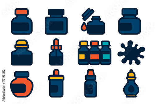 Bright Ink Icons. Flat vector icons of ink bottles: glass ink bottle, square ink pot, open bottle with ink drop, capped bottle,