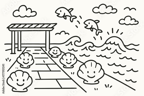 Seaside Smiles. A doodle of a seaside xystus with smiling seashells lining the walkway, playful fish leaping nearby, and cheerful
