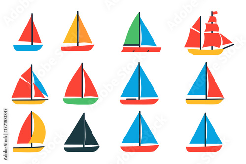 Vibrant Sailboat Icons. Flat vector icons of sailboats: dinghy sailboat, racing yacht, catamaran, tall ship, schooner, fishing