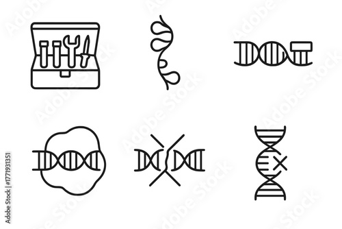 Genetic Engineering Icons. Line style icons of genetic engineering: CRISPR toolkit, RNA guide strand, PAM sequence, Cas9 enzyme,