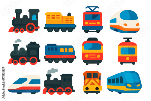 Bright Train Icons. Flat vector icons of locomotives: steam locomotive, diesel engine, electric locomotive, high-speed train front