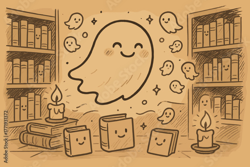 Enchanted Library Scene. A doodle of a smiling eidolon drifting through a cozy library, with happy books, glowing candles, and