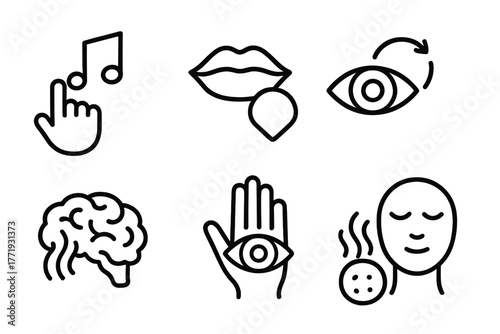 Multi-Sensory Icons Fusion. Line style icons of Multi-Sensory Overlap: light touch and note, taste and shape, color and motion,