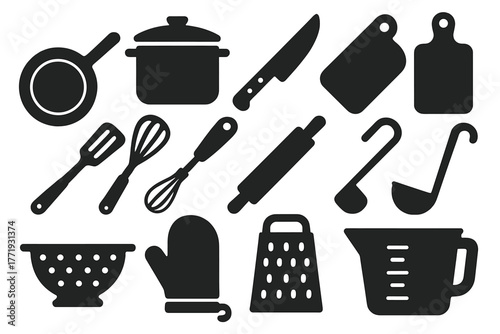 Kitchen Utensil Icons. Solid style icons of kitchen utensils: frying pan, cooking pot, kitchen knife, cutting board, spatula,