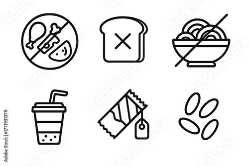 Ketogenic Diet Icons. Line style icons of ketogenic diet: restricted foods, bread slice with X, pasta bowl crossed out, sugary