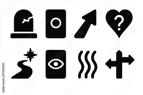 Tarot Icon Set. Solid style icons of tarot divination themes: Past Symbol, Present Marker, Future Arrow, Question Heart, Soul Path