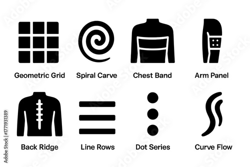 Traditional Scar Icons. Solid style icons of traditional scar patterns: Geometric Grid, Spiral Carve, Chest Band, Arm Panel, Back