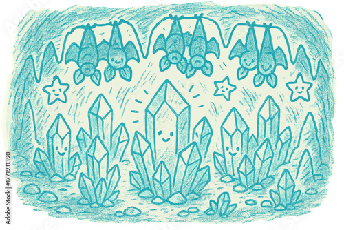 Smiling Stars Cave. A doodle of a glaucous-colored crystal cave, with friendly crystals glowing, happy bats hanging upside down,