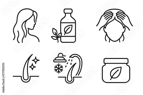 Ayurveda Hair Care Icons. Line style icons of Ayurveda: hair and scalp care, herbal hair oil bottle, scalp massage hands, shine