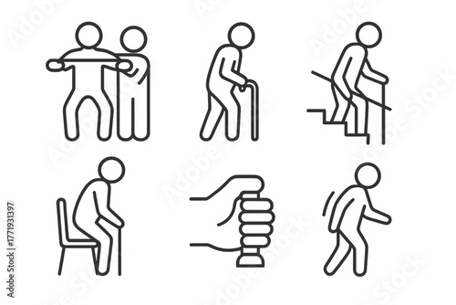 Geriatric Physiotherapy Icons. Line style icons of geriatric physiotherapy: senior exercise, cane walking, stair training, chair
