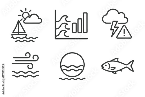Meteorology Line Icons. Line style icons of meteorology: marine weather icon, wave height chart, coastal storm alert, wind over