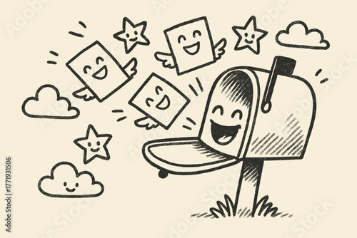 Joyful Mailbox Doodle. A doodle of a smiling mailbox opening wide, postcards with cheerful faces flying out like birds, surrounded