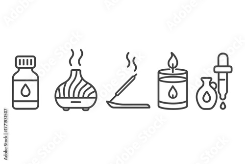 Aromatherapy Essentials Icons. Line style icons of aromatherapy essentials: essential oil bottle, aroma diffuser, incense stick,