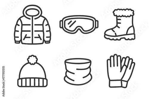Arctic Survival Icons. Line style icons of Arctic Survival Essentials: insulated jacket, snow goggles, fur-lined boots, thermal