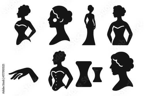 Corsetry Era Icons. Solid style icons of beauty ideals in corsetry era: S-Shaped Curve, Poised Neck, Blushed Cheek, Upright Stance