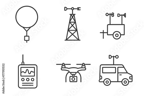 Meteorology Fieldwork Icons. Line style icons of meteorology fieldwork: weather balloon, observation tower, mobile station, data