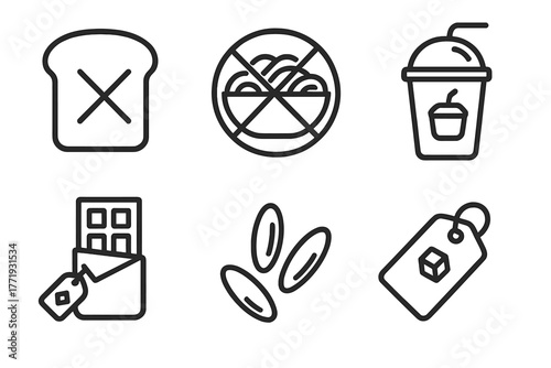 Ketogenic Diet Icons. Line style icons of ketogenic diet: restricted foods, bread slice with X, pasta bowl crossed out, sugary