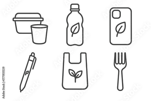 Biodegradable Icons Set. Line style icons of biodegradable plastics: reusable bioplastic items, green water bottle icon,