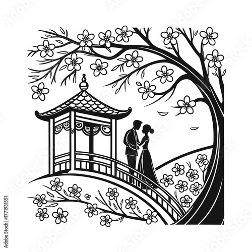 Mysterious silhouette of a solitary figure standing on a bridge under a gnarled tree at night isolated on transparent background