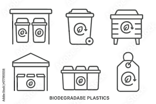 Biodegradable Plastics Icons. Line style icons of biodegradable plastics: public recycling stations, green bin icon, outdoor