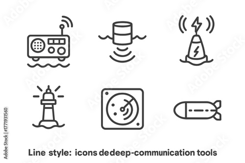 Deep-Sea Communication Icons. Line style icons of Deep-Sea Communication Tools: underwater radio, acoustic transmitter, signal