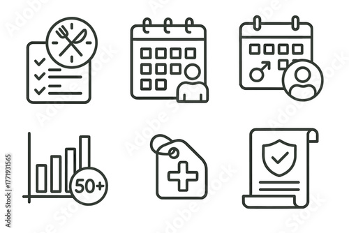 Intermittent Fasting Icons. Line style icons of intermittent fasting: customized fasting plans, personalized calendar icon, gender