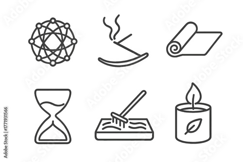Mindfulness Tool Icons. Line style icons of Focus and Mindfulness Tools: breathing ball, incense stick, yoga mat, focus hourglass,