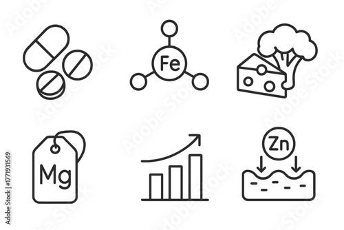 Nutrition Science Icons. Line style icons of nutrition science: minerals, iron molecule icon, calcium-rich food symbol, magnesium