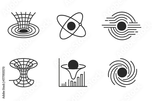 Black Hole Icons. Line style icons of black holes: simulation graphic, 3D orbit model, virtual event horizon, data visualization,