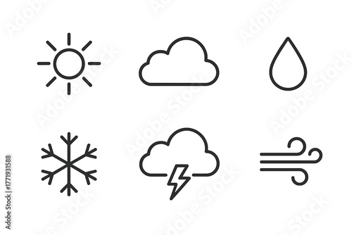 Meteorology Icons. Line style icons of meteorology: sun icon, cloud cover, raindrop symbol, snowflake icon, thunderstorm cloud,