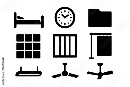 Vintage Medical Icons. Solid style icons of vintage medical environment: Hospital Bed, Wall Clock, File Folder, Cold Tile Floor,