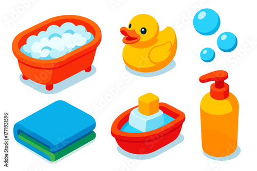 Cheerful Bath Time Icons. Isometric vector illustration set Children’s Bath Time: small bathtub, cheerful rubber duck, big soap