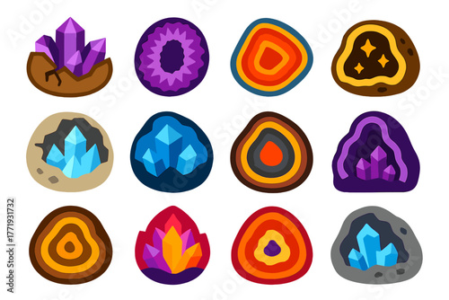 Vibrant Geode Icons. Flat vector icons of geodes: cracked geode with crystals, amethyst geode slice, agate geode half,