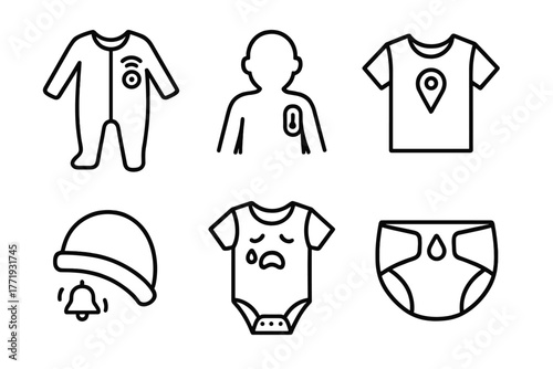 Child Monitoring Icon Set. Line style icons of Child Monitoring Garments: baby sleep suit sensor, infant temperature patch, GPS