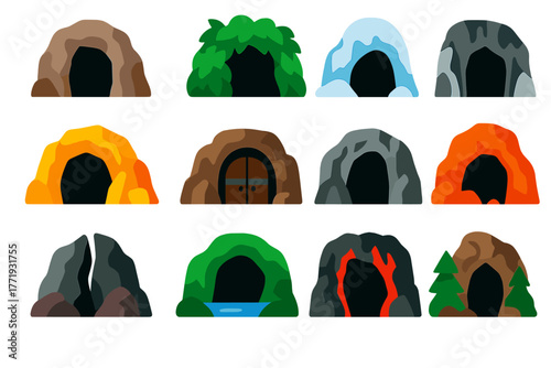 Cave Entrance Icons. Flat vector icons of cave entrances: rock arch entrance, jungle-covered cave mouth, snowy cave opening,