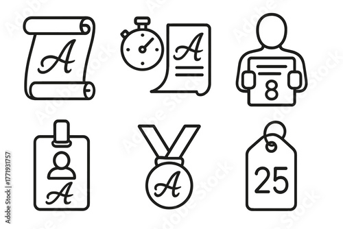 Calligraphy Competition Icons. Line style icons of Calligraphy Competitions and Events: competition scroll, timed writing icon,