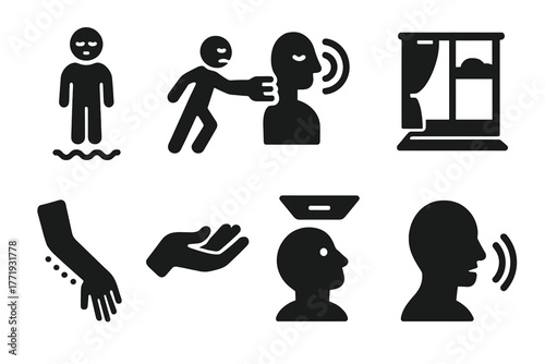 Separation Signs Icons. Solid style icons of signs of separation: Sudden Float, Pulling Sensation, Vibrational Buzz, Room View