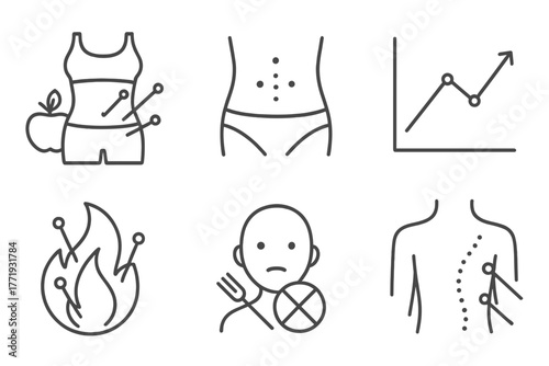 Acupuncture Icon Collection. Line style icons of acupuncture: weight loss support, belly with energy points, metabolism boost