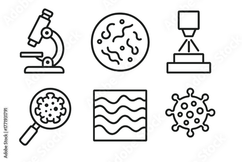 Microbiology Icon Set. Line style icons of microbiology: electron microscope, transmission view, scanning electron beam,