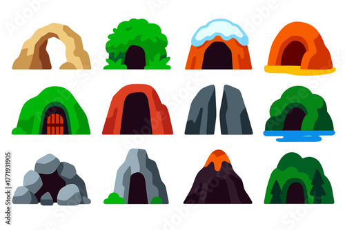 Cave Entrance Icons. Flat vector icons of cave entrances: rock arch entrance, jungle-covered cave mouth, snowy cave opening,