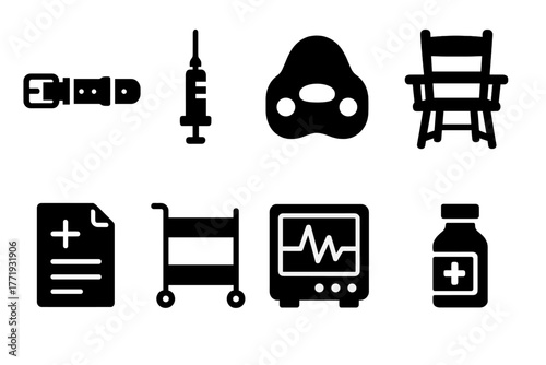 Historical Psychiatric Tools Icons. Solid style icons of historical psychiatric tools: Restraining Belt, Syringe, Rubber Bite