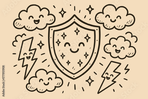 Joyful Shield Scene. A doodle of a smiling aegis shield glowing with stars, surrounded by cheerful clouds and happy lightning