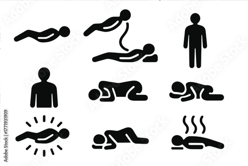 Astral Projection Icons. Solid style icons of astral projection experience: Floating Body, Silver Cord, Spirit Form, Reclined