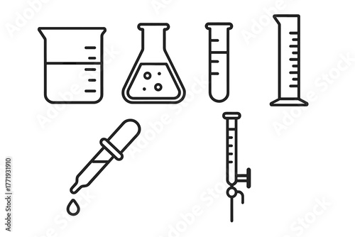 Laboratory Glassware Icons. Line style icons of laboratory glassware: beaker, flask, test tube, graduated cylinder, pipette,