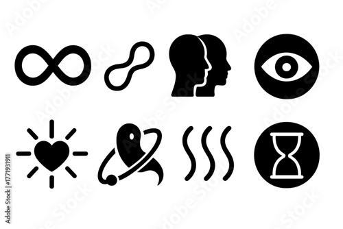 Astral Symbolism Icons. Solid style icons of astral symbolism: Infinity Loop, Silver Cord Link, Dual Self, Eye in Circle,