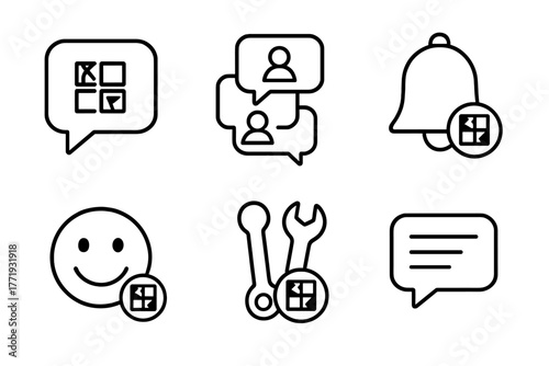 Geocaching Icon Set. Line style icons of Geocaching Communication: geocaching chat bubble, group message thread, cache