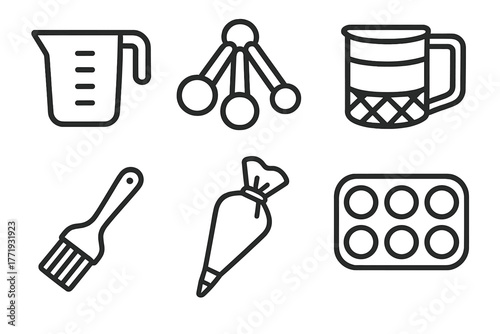 Baking Tools Icons. Line style icons of baking tools: measuring cup, measuring spoons, flour sifter, pastry brush, piping bag,