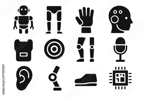 Humanoid Robot Icons. Solid style icons of humanoid robots: android, biped legs, robotic hand, head with sensors, chest panel,