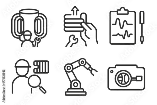 Nuclear Fusion Icons. Line style icons of nuclear fusion: reactor maintenance icon, coil replacement, diagnostic calibration,