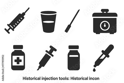 Historical Injection Tools Icons. Solid style icons of Historical Injection Tools: Insulin Syringe, Glass, Needle, Sterilizer,
